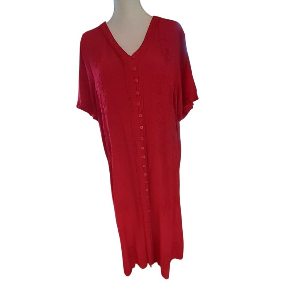 Phases Maxi Dress Womens Size 2X Red Embroidered Button Front Short Sleeve - Picture 5 of 8